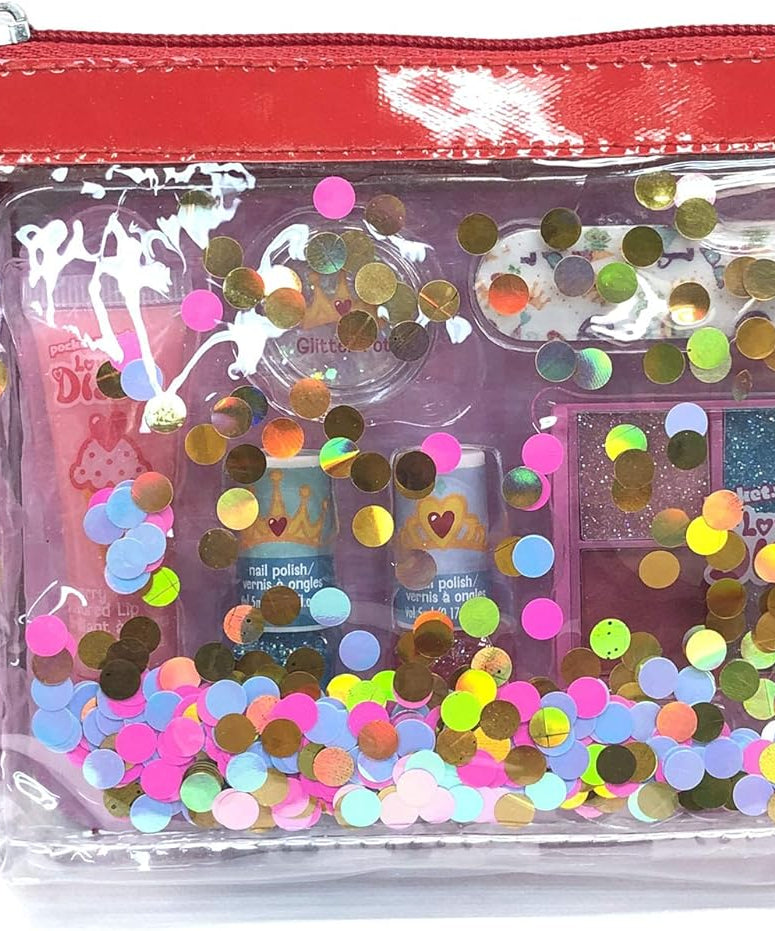 حقيبة قطار لوف ديانا مع مستحضرات تجميل، وطلاء أظافر، وملمع شفاه، وظلال عيون، ووعاء بريق، ومبرد أظافر وأداة وضع، مجموعة مكياج تظاهرية للأطفال من سن 3 سنوات فما فوق