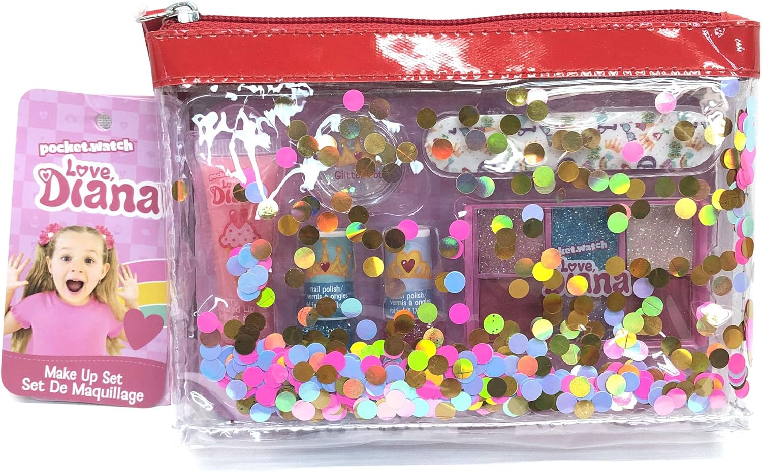 حقيبة قطار لوف ديانا مع مستحضرات تجميل، وطلاء أظافر، وملمع شفاه، وظلال عيون، ووعاء بريق، ومبرد أظافر وأداة وضع، مجموعة مكياج تظاهرية للأطفال من سن 3 سنوات فما فوق
