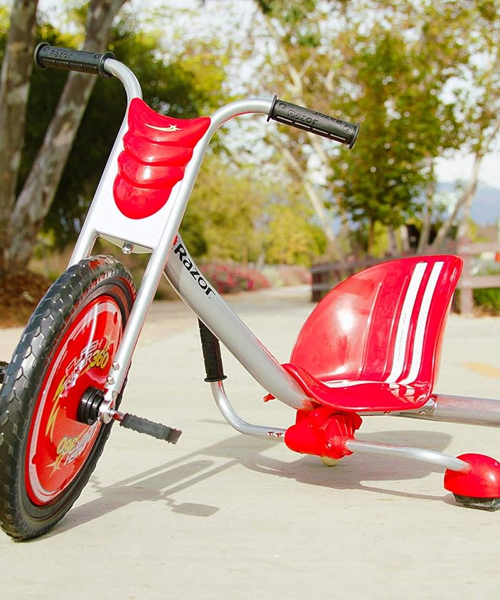 دراجة Razor FlashRider ثلاثية العجلات 360 للأطفال من سن 6 سنوات فما فوق، مزودة بعجلات خلفية مائلة مزدوجة، ومقود على طراز MX، وذراع شرارة مع خرطوشة قابلة للاستبدال