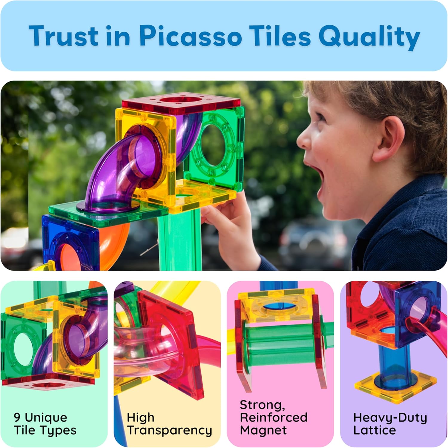 PicassoTiles Marble Run 100 Piece Magnetic Tile Race Track Toy Play Set STEM Building & Learning Educational Magnet Construction Child Brain Development Kit Boys Girls Age 3 4 5 6 7 8+ Years Old Toys