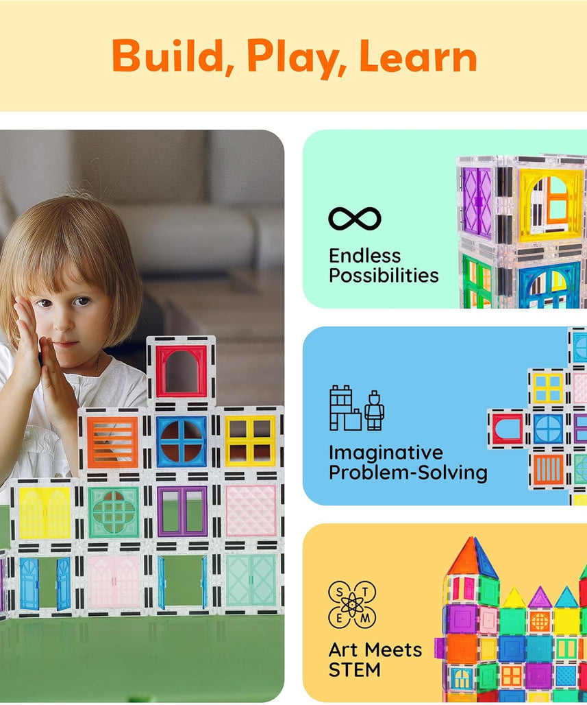 PicassoTiles 40pcs Magnetic Tile Clip-in Window and Door Expansion Set, Magnetic Block Add-ons, Magnet Building Construction Toys, STEM Education Learning Stacking Block, Toddler Boys & Girls
