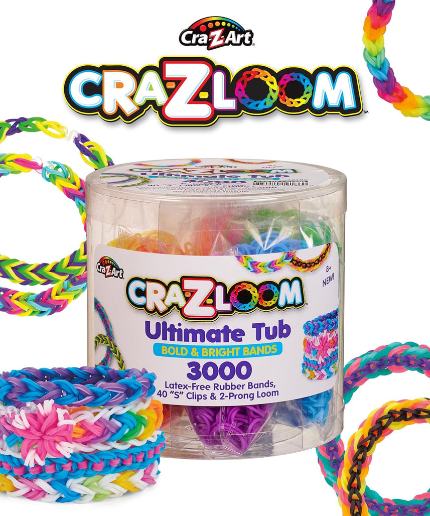 Cra-Z-Loom Ultimate Tub 3000 Rubber Band Bracelet Maker Kit with Neon Bands, 2-Prong Looms, S-Clips, DIY Friendship Jewelry Craft Set for Kids, Creative Party Fun Gift