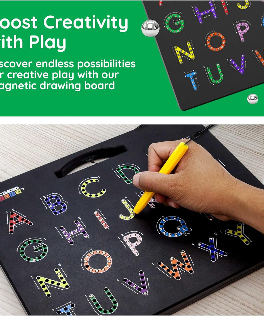PicassoTiles 2-in-1 Double Sided Magnetic Alphabet Board ABC A-Z Upper Case Capital and Lowercase Letter Writing Reading Playboard 12x10 inch Large Magnet Tablet Pad Open-Ended Learning Playset PTB03