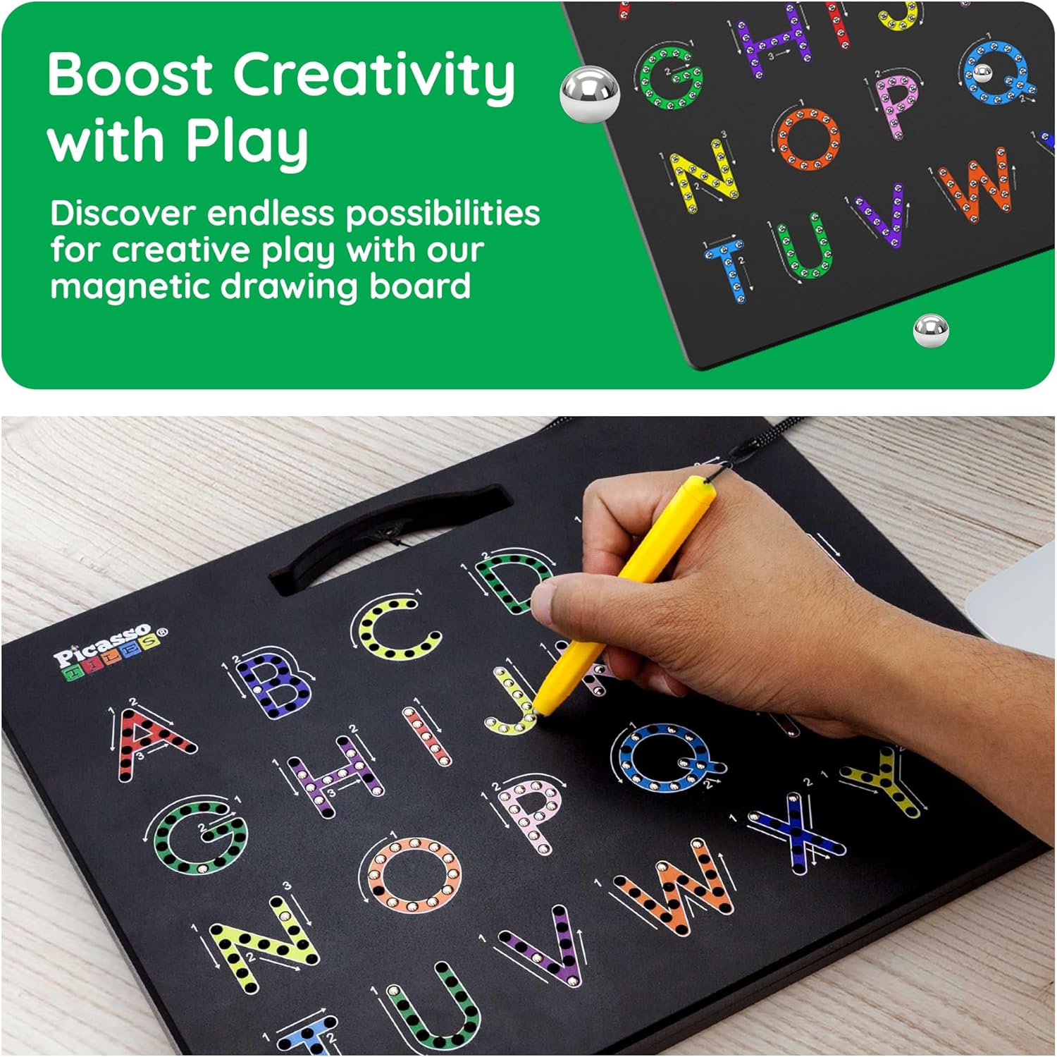 PicassoTiles 2-in-1 Double Sided Magnetic Alphabet Board ABC A-Z Upper Case Capital and Lowercase Letter Writing Reading Playboard 12x10 inch Large Magnet Tablet Pad Open-Ended Learning Playset PTB03