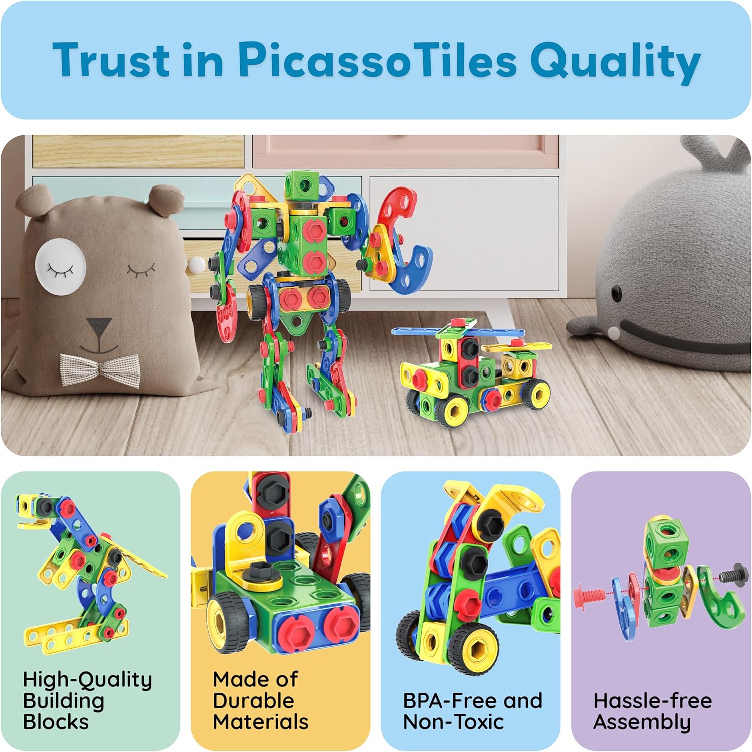 PicassoTiles STEM Learning Toys 152 Piece Building Block Set Kid Toy Construction Engineering Kit Educational Blocks w/Idea Book Design Guide, Storage Carry Box, Power Drill, Ratchet, Age 3+ PTN152