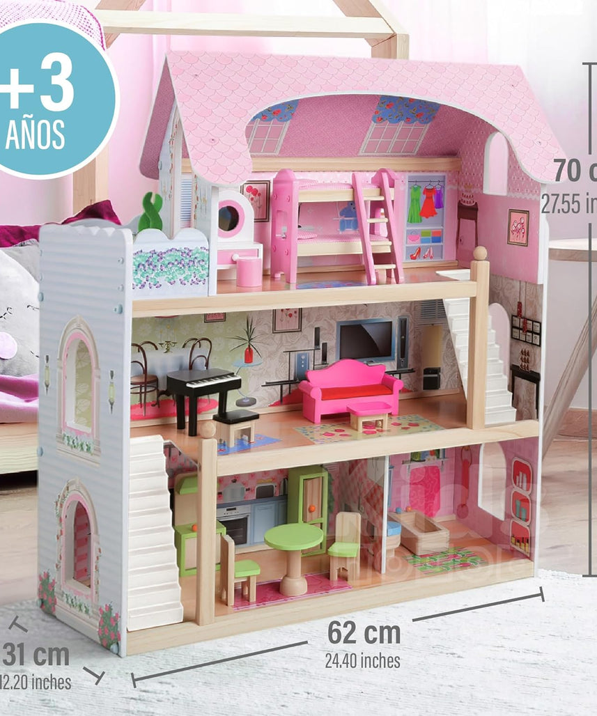 بيت دمى خشبي من EduFun مع شرفة للأطفال الصغار، فيلا دمى كبيرة من 3 طوابق مع 4 غرف، سلالم، ملحقات أثاث من 15 قطعة، لعبة تظاهر تعليمية للأطفال من سن 3 سنوات فما فوق