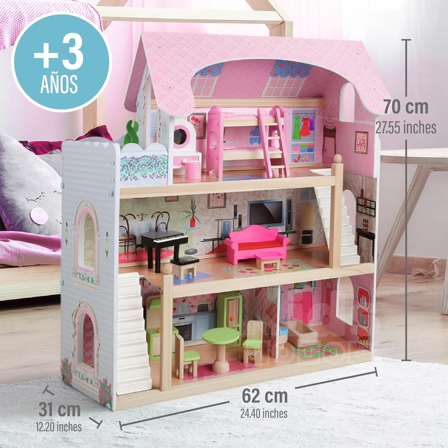 بيت دمى خشبي من EduFun مع شرفة للأطفال الصغار، فيلا دمى كبيرة من 3 طوابق مع 4 غرف، سلالم، ملحقات أثاث من 15 قطعة، لعبة تظاهر تعليمية للأطفال من سن 3 سنوات فما فوق