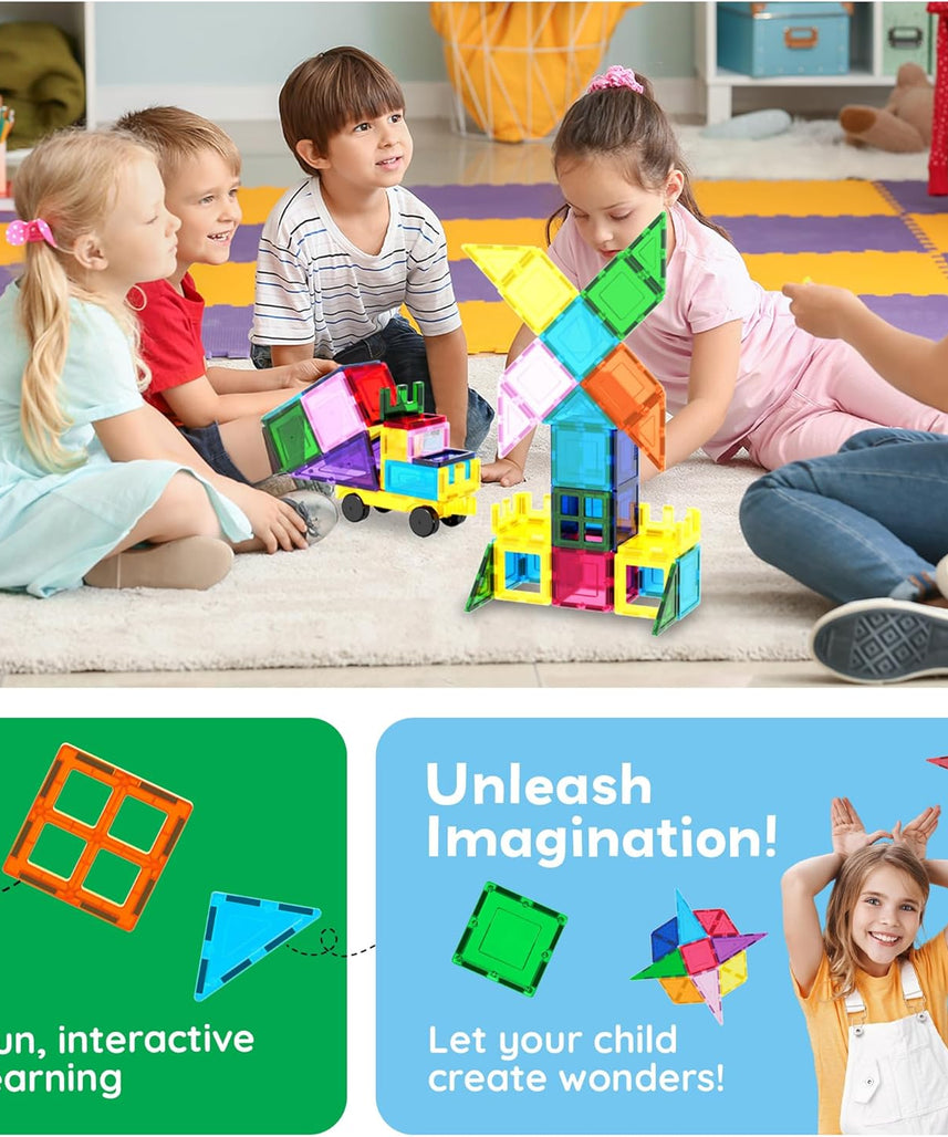 PicassoTiles 101pc Magnetic Tile Building Blocks with Car Base Drawstring Carry Toy Storage Bag Magnetized Block for Kids Magnet ToySet Educational STEM Learning Child Brain Development Ages 3+ PC101