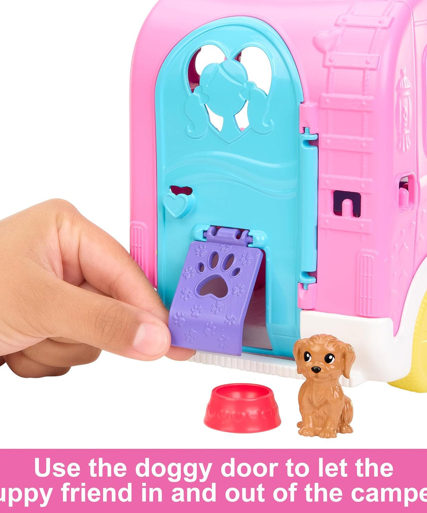 Barbie Chelsea 2-in-1 Camper Playset with Chelsea Doll, 2 Pets, Transforming Camper & 15+ Camping Accessories – Outdoor Adventure Toy for Kids 3+