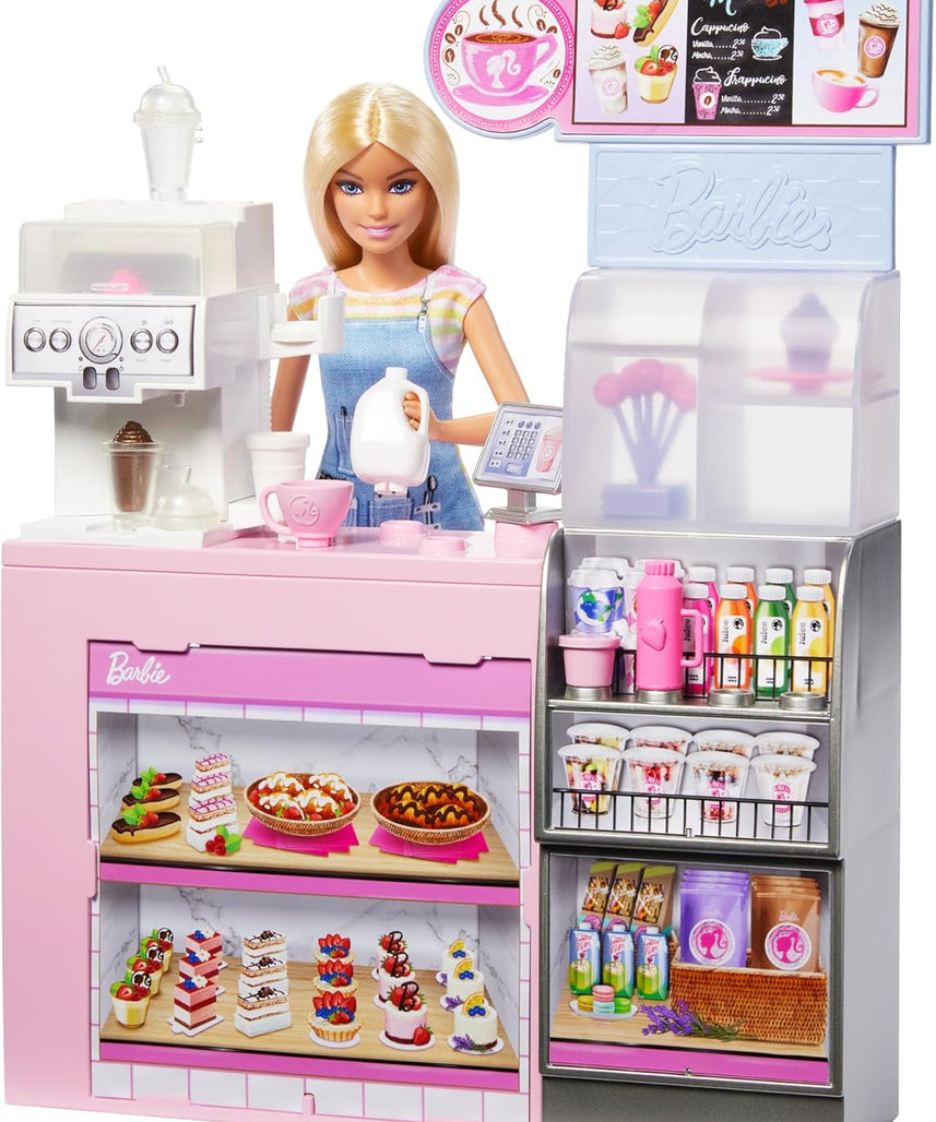 Barbie Naschcafé HXN94 Blonde Barista Doll Playset with Over 12 Accessories Including Coffee Maker/Smoothie Maker, Food and Cups