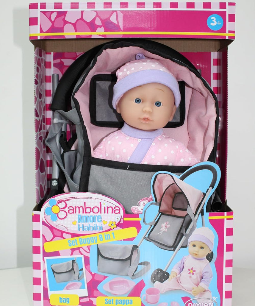 Bambolina 8 in 1 Buggy Set with Doll, 29cm, Convertible Baby Doll Stroller Toy for Girls, Ages 3+