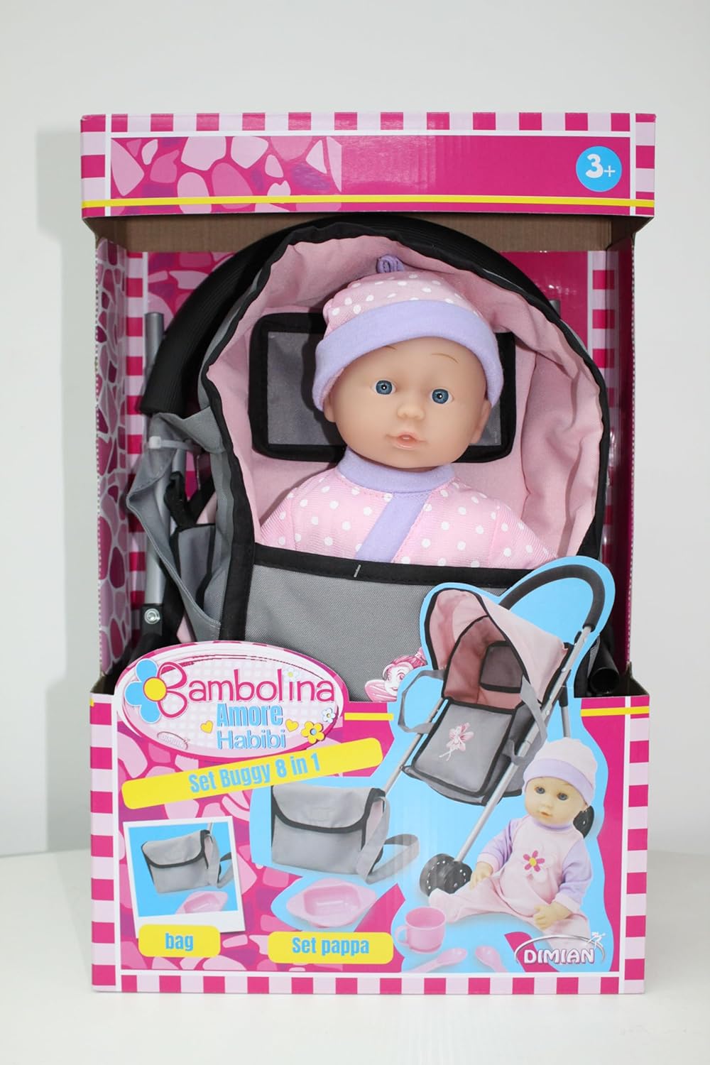 Bambolina 8 in 1 Buggy Set with Doll, 29cm, Convertible Baby Doll Stroller Toy for Girls, Ages 3+