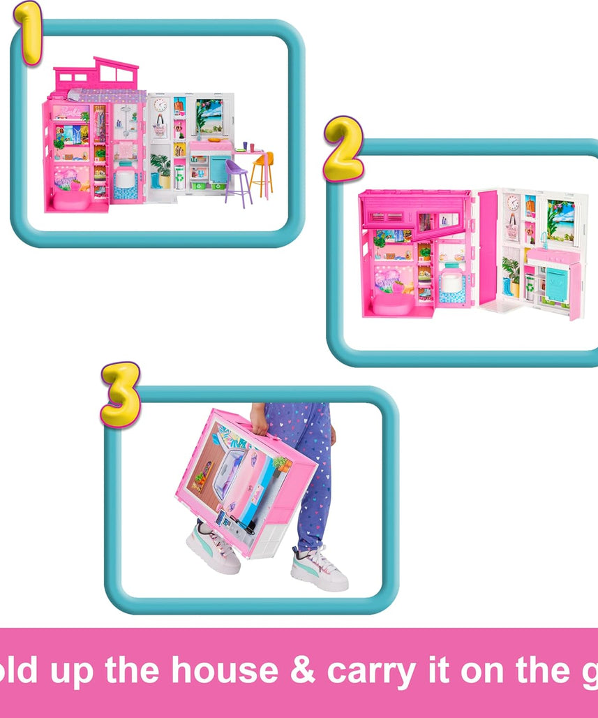 Barbie Getaway House, Doll House Playset with 4 Play Areas and 11 Decor Accessories