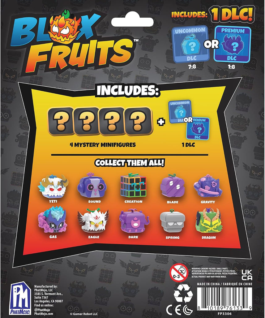 Blox Fruits Series 3 Mystery Minifigure 4-Pack, 4 Surprise Collectible Figures with Exclusive DLC Code, 10 Fruit Forms to Collect, Official Blox Fruits Merchandise, 6+ Years