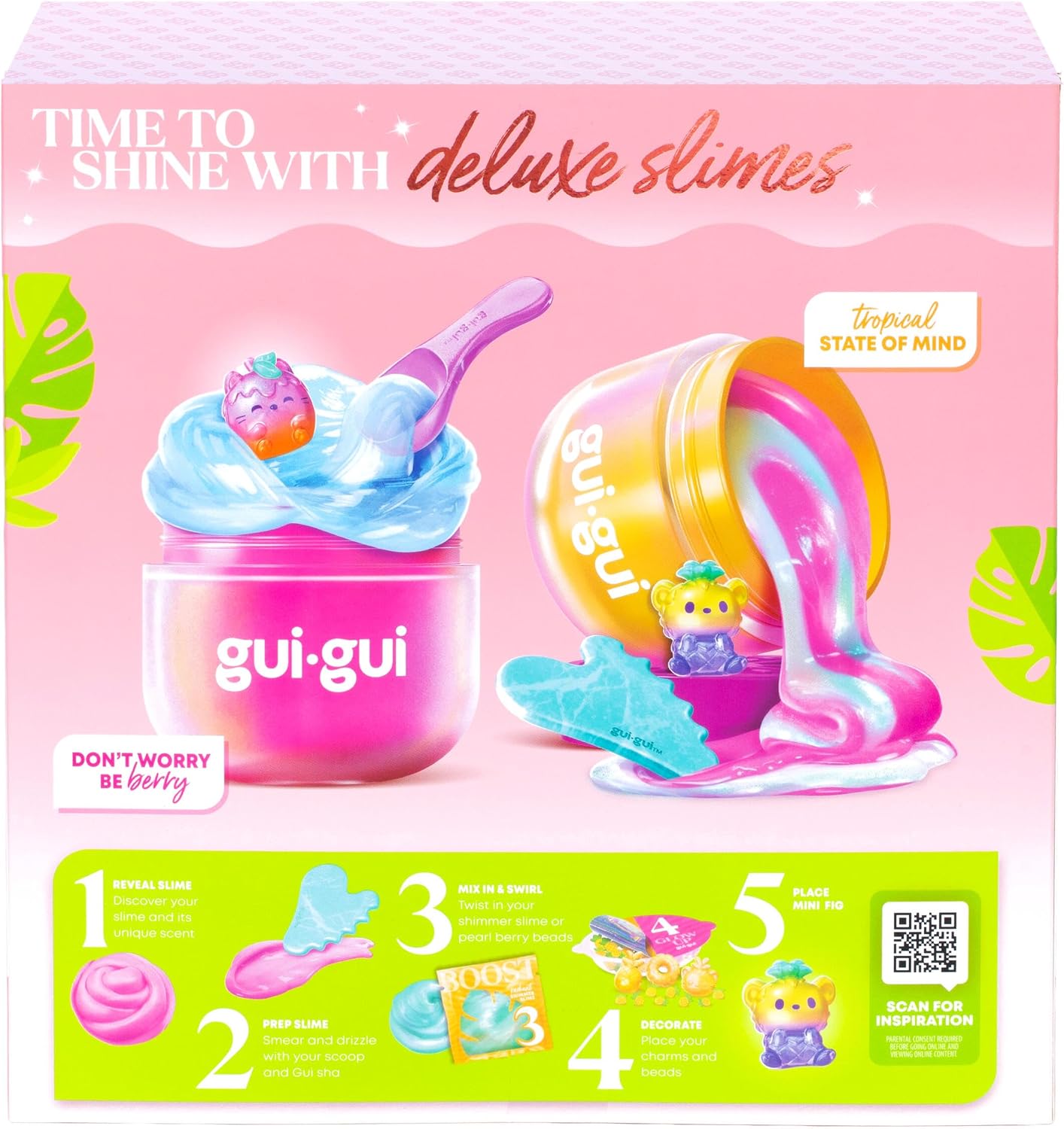 GUI GUI Fruity Glow Deluxe Twin Pack Slime Kit, 2 Scented Slimes Jelli & Clear with Gua Sha and Scoop Tools, 5-Step Beauty Ritual Sensory Toy for Kids, Ages 6+