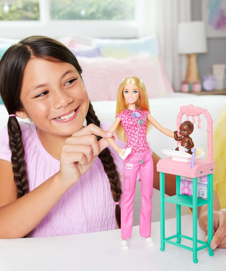 Barbie Baby Doctor Doll Playset with Baby Patient, Pink Scrubs, Exam Table, Medical Accessories & Furniture, Career Role-Play Toy for Kids 3+