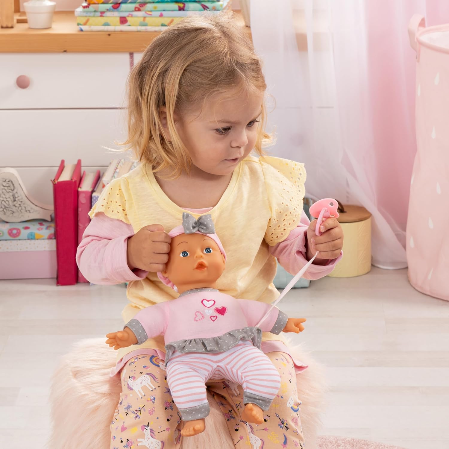 Bayer Soft Cuddle Baby Doll 30cm Set with Pacifier and Bottle, Soft Body Infant Doll for Nurturing Role Play, Purple Outfit, 10M+ Months