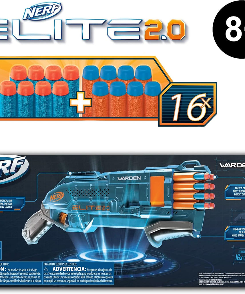 Nerf Elite 2.0 Warden DB-8 Blaster, Fires 2 Darts at Once, Pump-Action Slam Fire, Includes 16 Official Nerf Darts, Tactical Rail Upgrade, Shoots up to 26 Meters