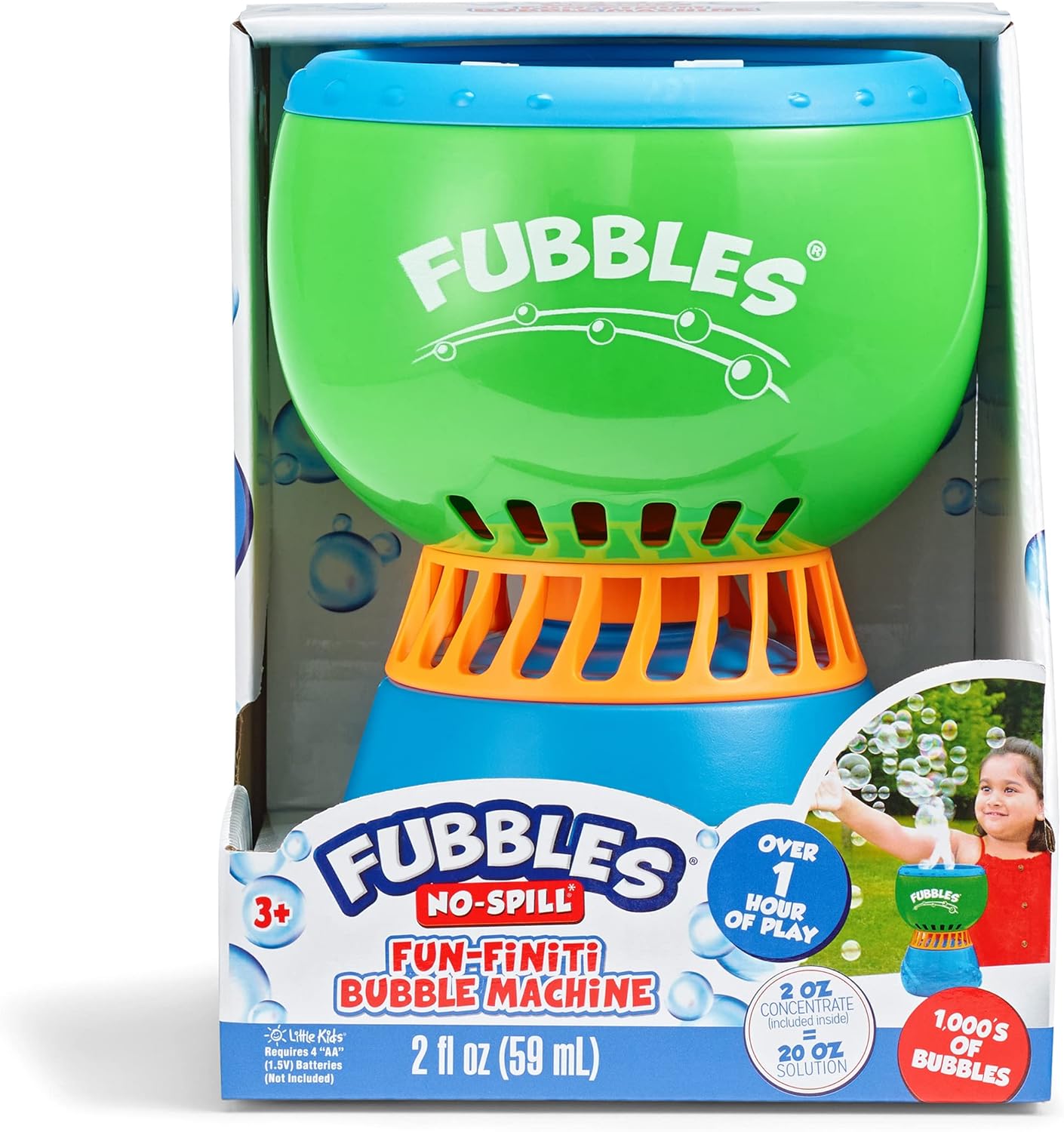 Little Kids Fubbles No Spill Fun Finiti Bubble Machine, Mess Free Automatic Bubble Maker for Kids, Large Capacity Bubble Machine, Holds Up to One Hour Solution, Sensory Play, Outdoor Party Toy, Battery Powered, Ages 3 Plus