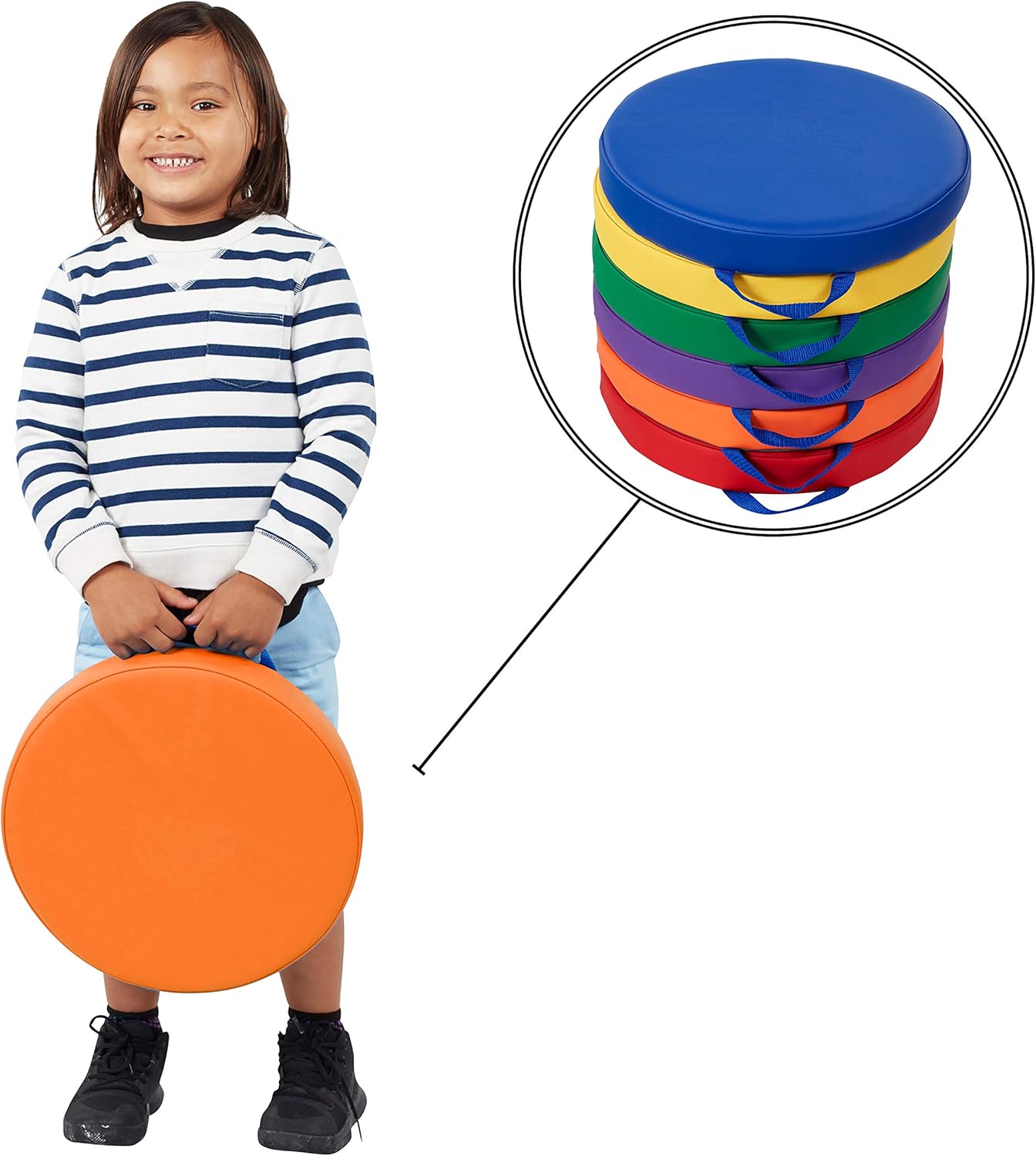 SoftScape Round Floor Cushions 15 Inch 6 Piece Set, Kids Flexible Seating with Handles and Non Slip Base, Foam Classroom and Playroom Floor Pillows, Ages 2+