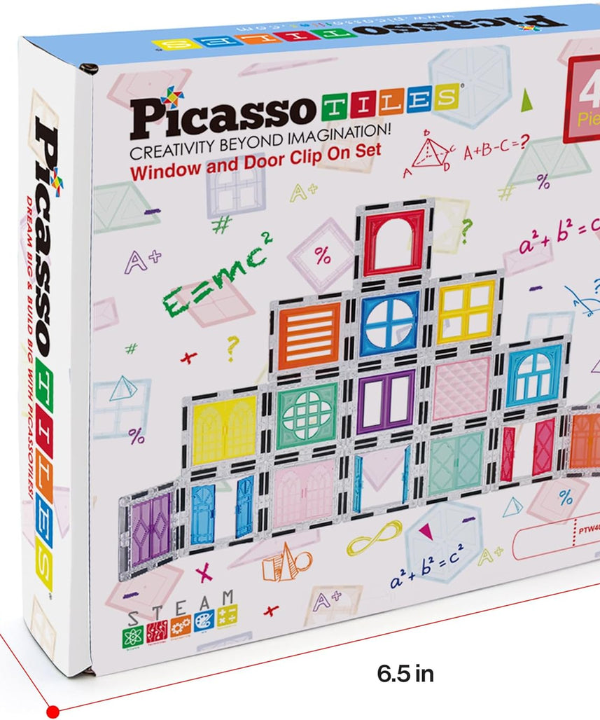 PicassoTiles 40pcs Magnetic Tile Clip-in Window and Door Expansion Set, Magnetic Block Add-ons, Magnet Building Construction Toys, STEM Education Learning Stacking Block, Toddler Boys & Girls