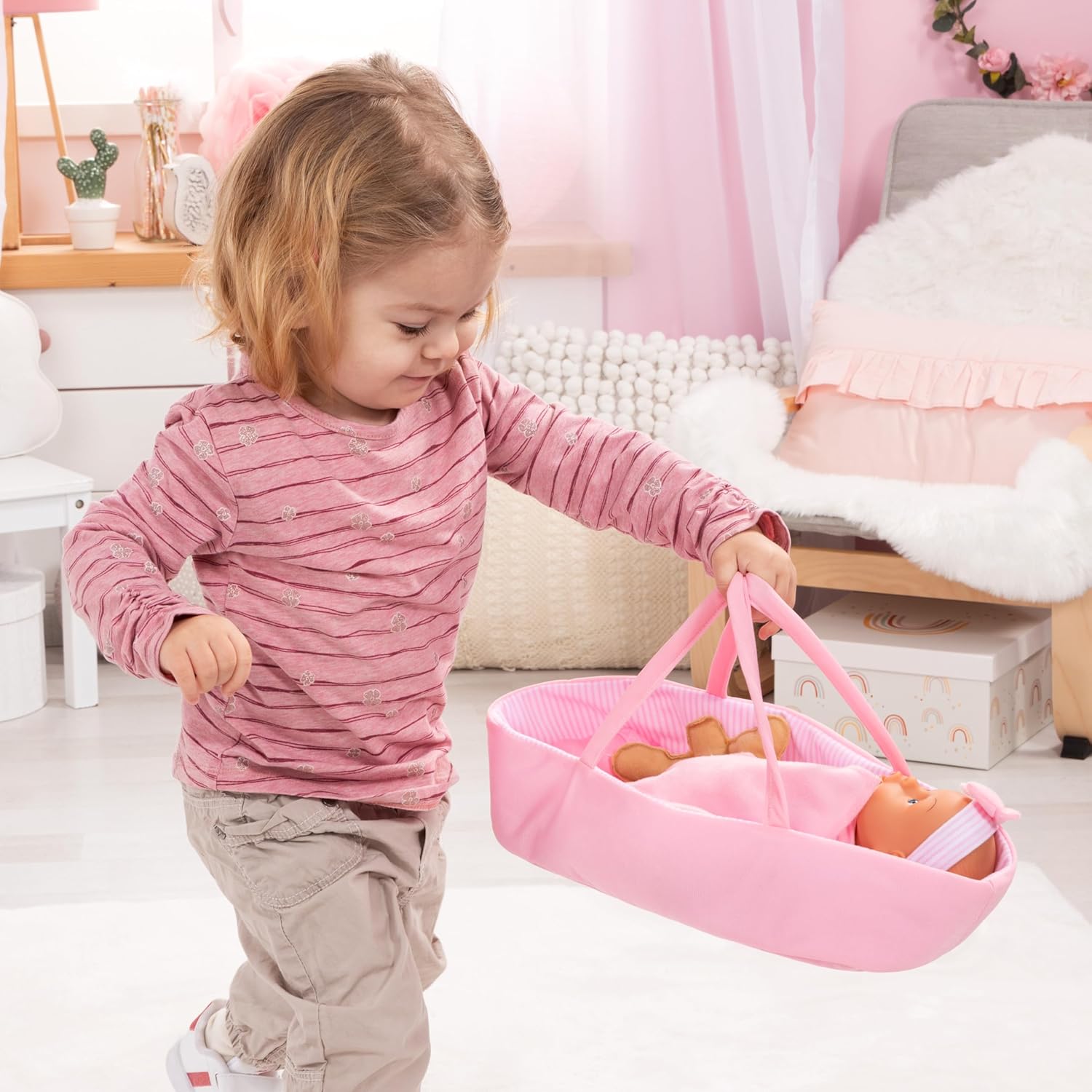 Bayer Baby Doll Basket Set 28cm with Soft Doll, Carrier, Blanket, Pillow, Bottle, Teddy, Role Play Toy for Kids, 3Y+ Years