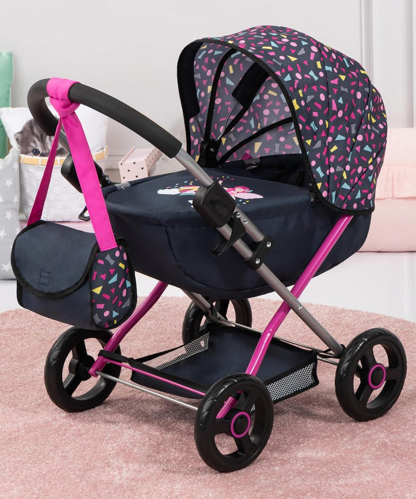 Bayer Pram Set Smarty for 46cm Dolls, Foldable Doll Stroller with Blanket, Pillow, and Integrated Basket, Role Play Toy for Kids, 3Y+ Years