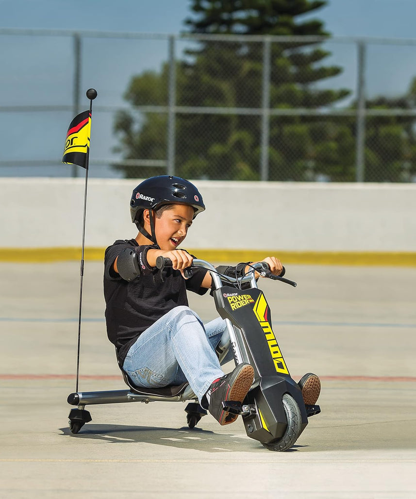 دراجة ثلاثية العجلات الكهربائية Razor PowerRider 360 للأطفال من سن 8 سنوات فما فوق، 12 فولت مع دواسة وقود بزر ضغط، سرعة تصل إلى 9 أميال في الساعة، مدة تشغيل 30 دقيقة، دوران 360 درجة وانزلاق، أقصى وزن للراكب 120 رطلاً