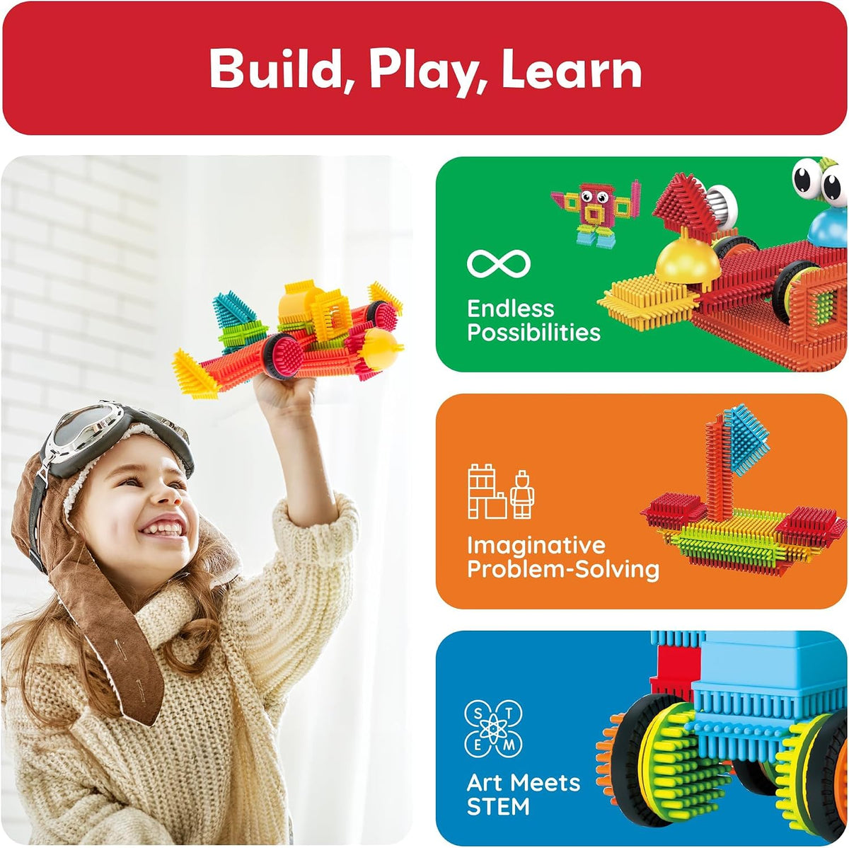 PicassoTiles 120pcs HedgehogTiles Building Block, Stacking Interlock Teeth Construction Sensory Gift STEM Toy for Kids Toddlers Age 3 + PTB120