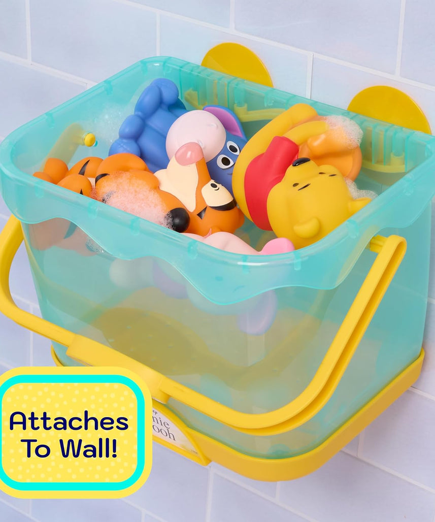 Disney Winnie the Pooh Bath Caddy, 6-pieces, 5 Bath Toy Figures Sealed for Safety, Attaches to Wall, Bath Toy for Fans, Girls, Boys, Kids, Ages 3 and Up