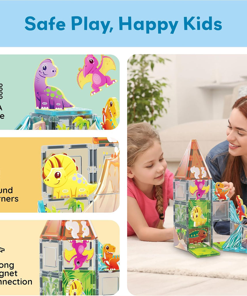 PicassoTiles 38pc Magnet Tiles Building Blocks Dinosaur Theme Set with 8 Magnetized Action Figures Magnetic Construction Build and Play Toys with Magnets STEM Learning Activities for Toddlers 3+ PTQ13