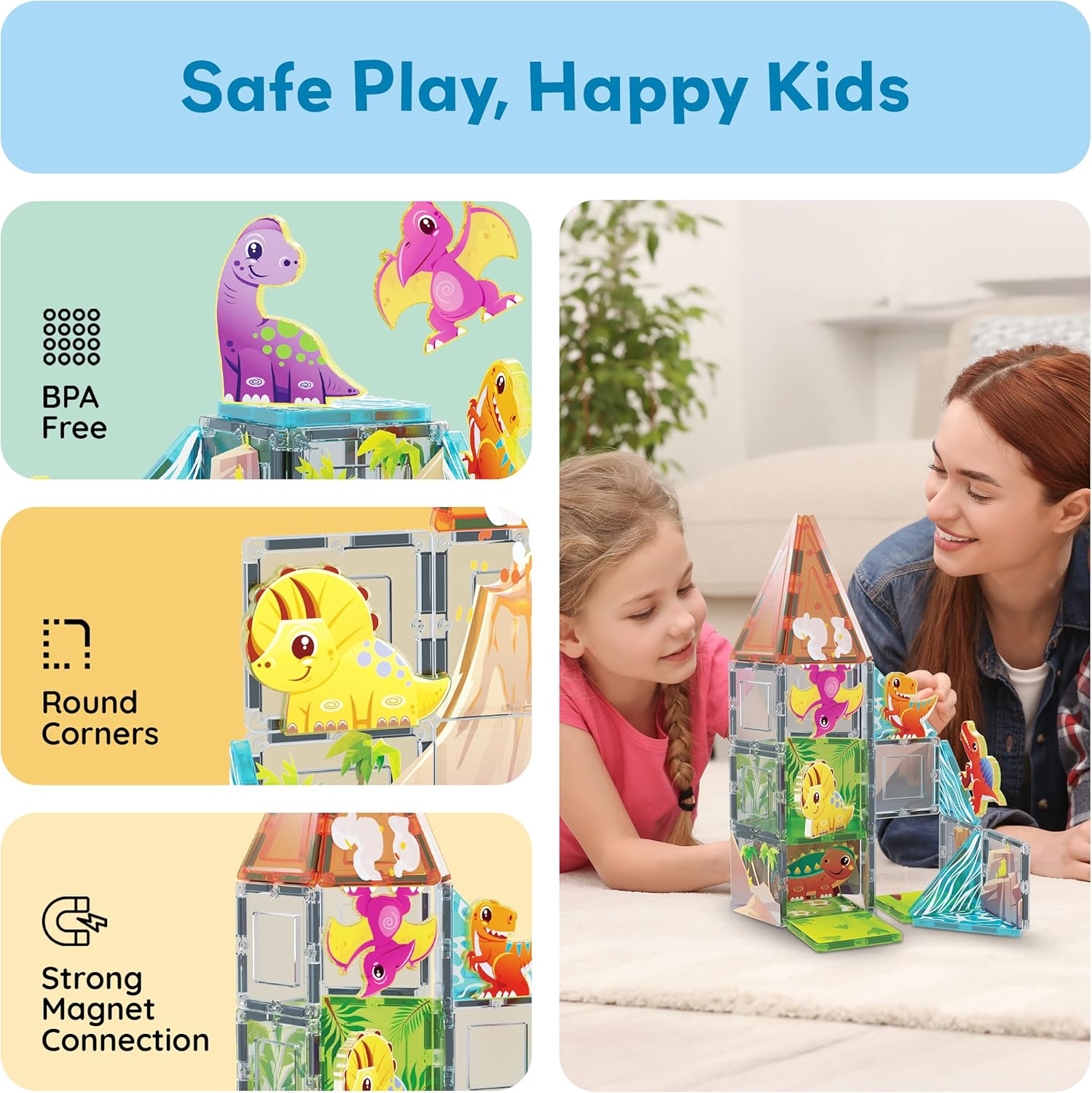 PicassoTiles 38pc Magnet Tiles Building Blocks Dinosaur Theme Set with 8 Magnetized Action Figures Magnetic Construction Build and Play Toys with Magnets STEM Learning Activities for Toddlers 3+ PTQ13