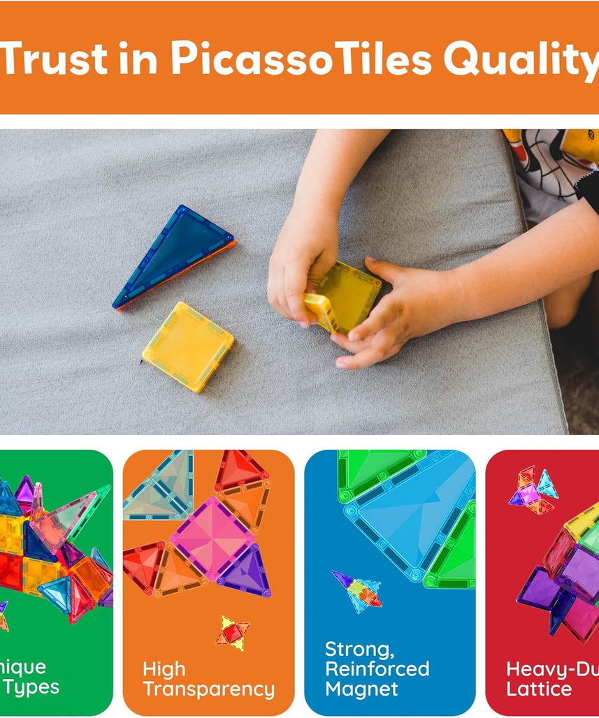 PicassoTiles 60-Piece Magnetic Building Block Mini Diamond Series Travel Size On-the-Go Magnetic Construction Toy Set, Educational Toy Children's Brain Development Stacking Blocks PTM60