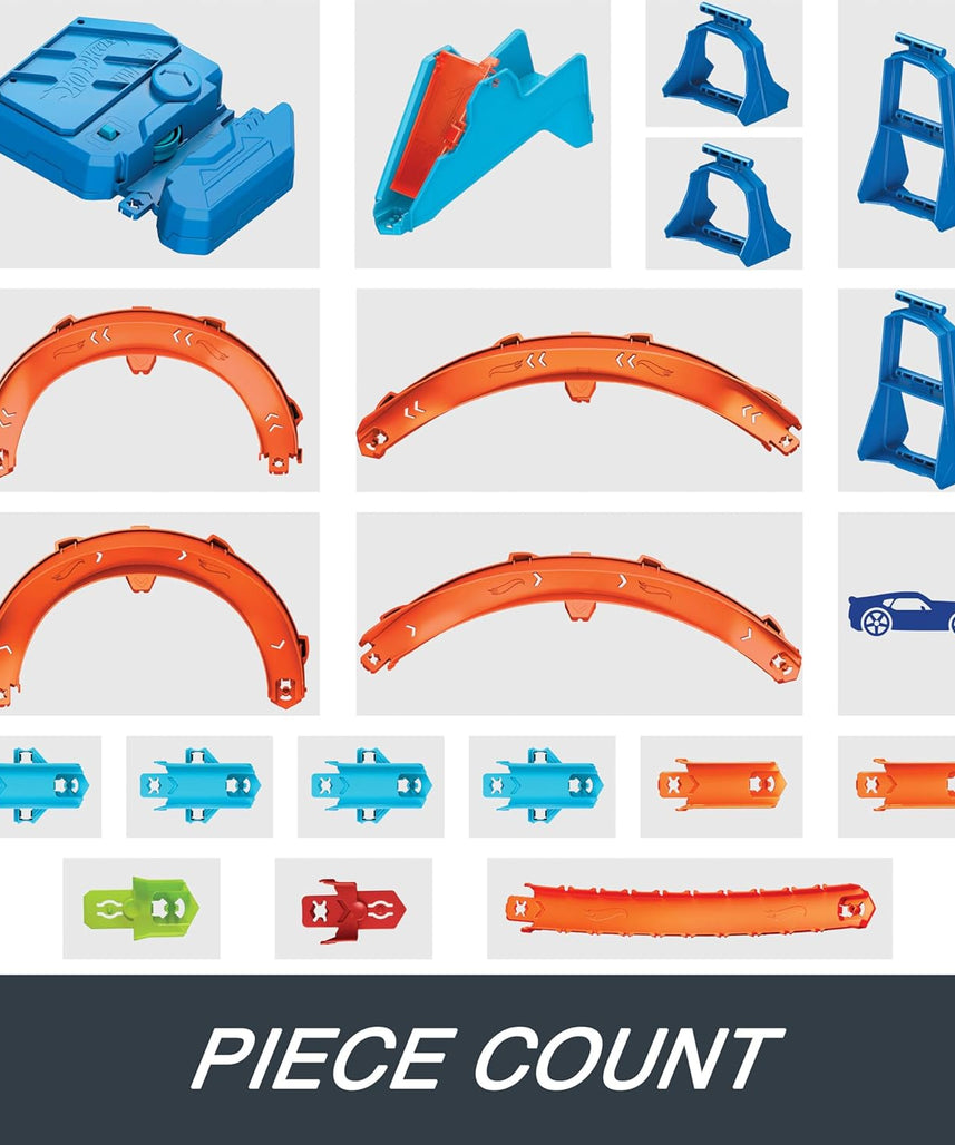 Hot Wheels Toy Car Track Set, Deluxe Building Box with Motorized Booster, 1:64 Scale Vehicle, Speed Snap Track, Boosted Jump Speedway, JDB49