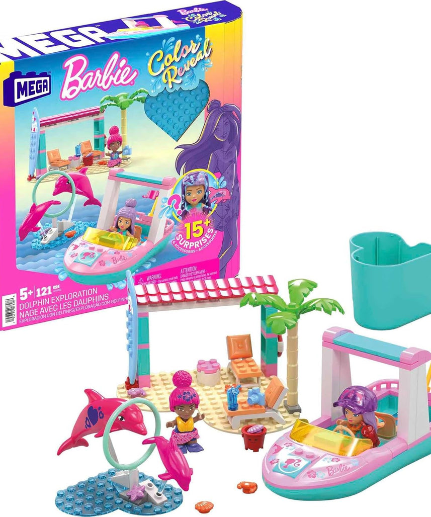 Barbie Color Reveal Dolphin Exploration Playset, 2 Micro-Dolls with Dolphins, 114 Building Bricks and Accessories for Creative Play