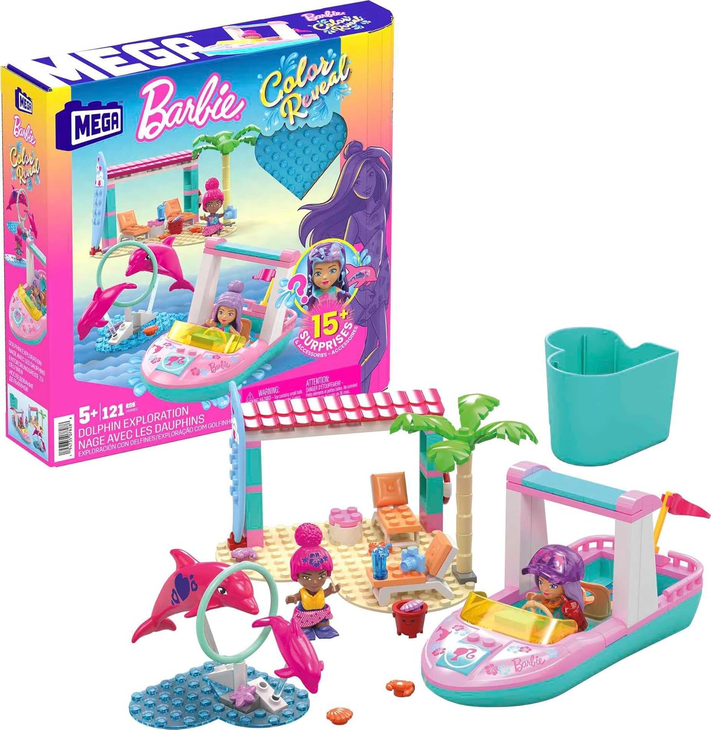 Barbie Color Reveal Dolphin Exploration Playset, 2 Micro-Dolls with Dolphins, 114 Building Bricks and Accessories for Creative Play