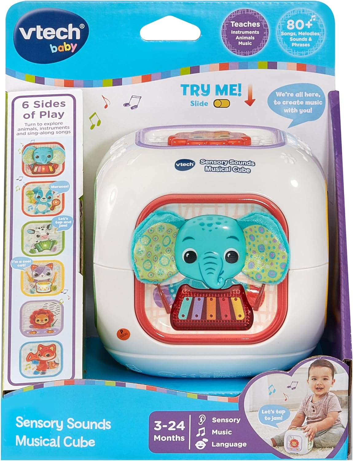 VTech Baby Sensory Sounds Musical Cube Interactive Learning Toy with Songs Textures Animals and Instruments Multicolor 3m+