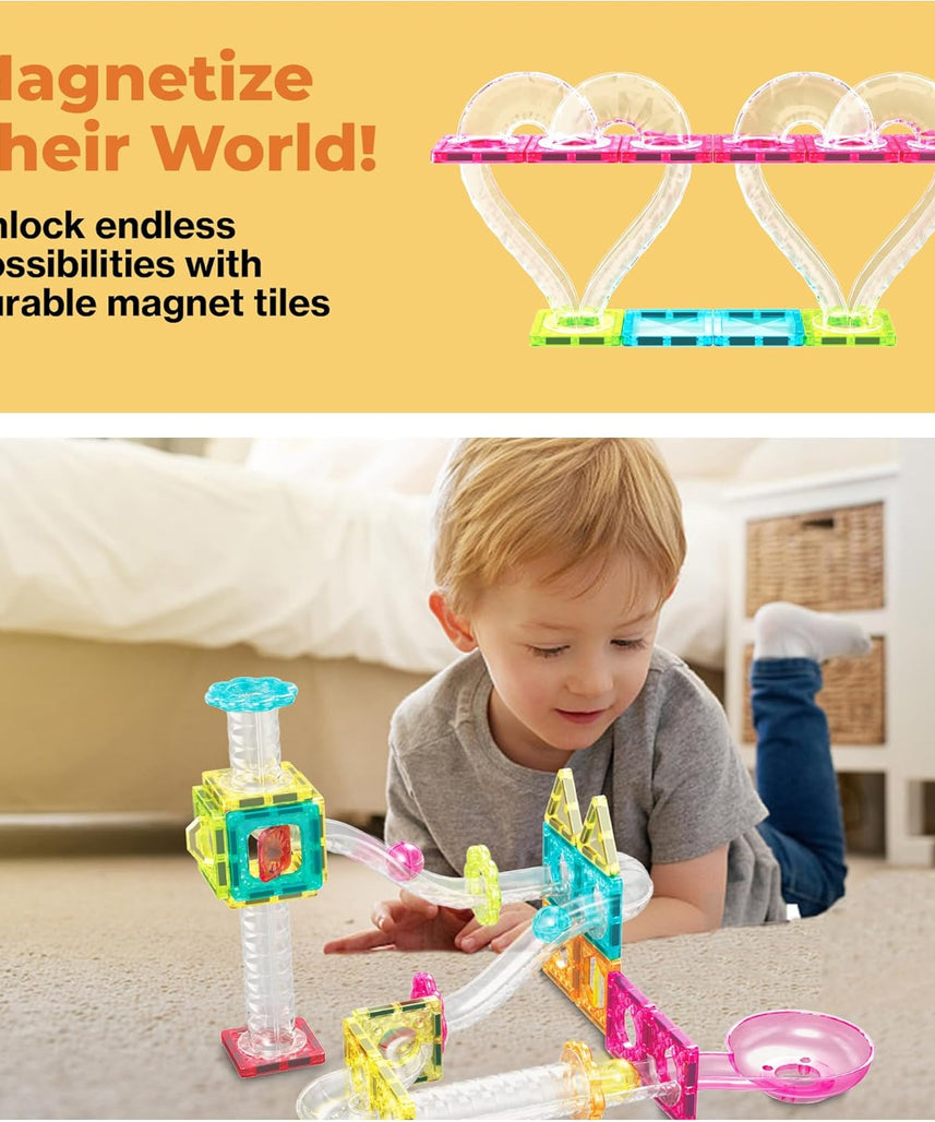 PicassoTiles Magnet Tiles Building Block Travel Size Magnetic Marble Run Construction Toy Set Mini Diamond Marble RaceTrack 45 pc Building Blocks Playset Education STEM Learning Kit Boy Girl 3+ PTMG45