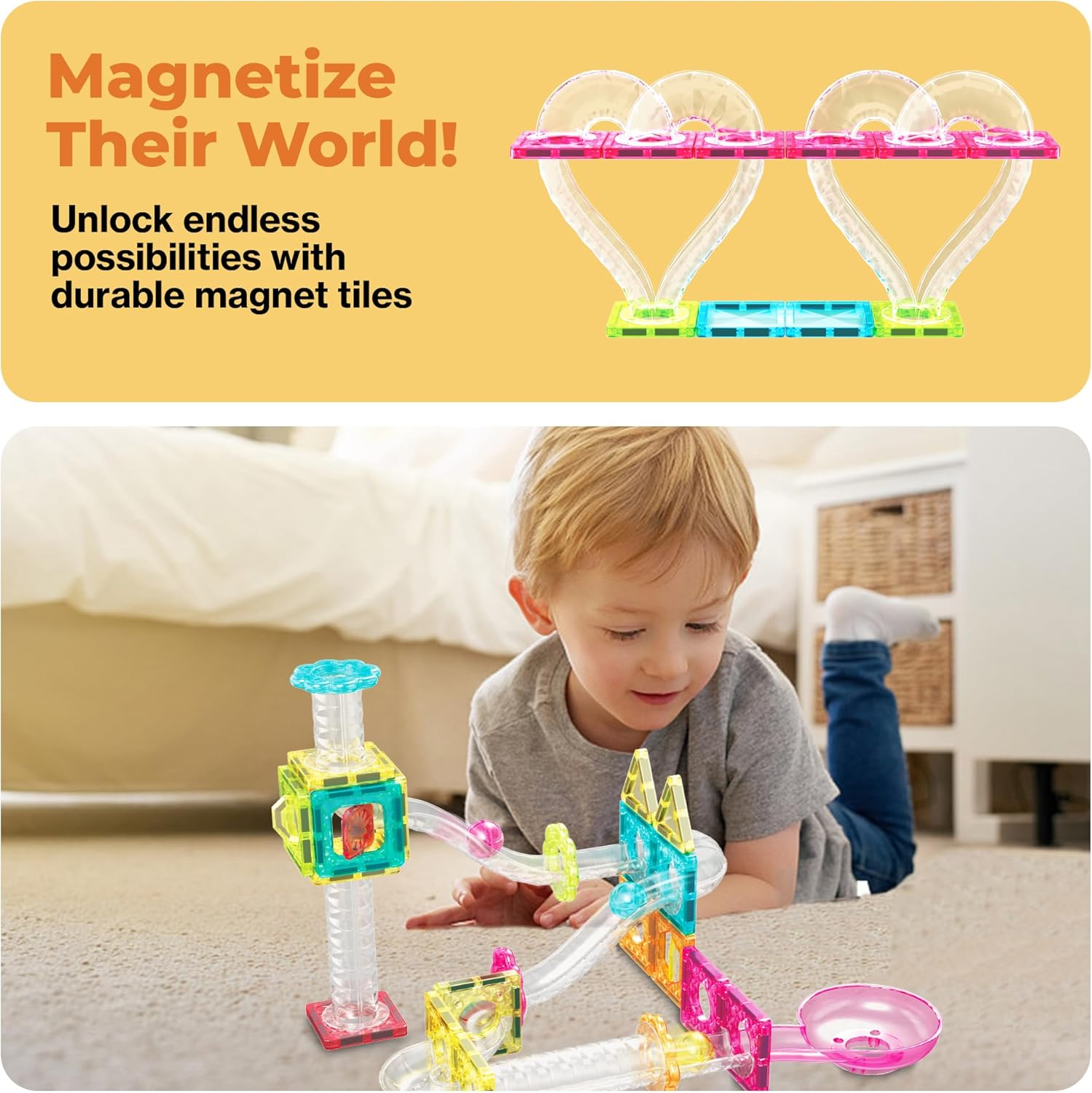 PicassoTiles Magnet Tiles Building Block Travel Size Magnetic Marble Run Construction Toy Set Mini Diamond Marble RaceTrack 45 pc Building Blocks Playset Education STEM Learning Kit Boy Girl 3+ PTMG45