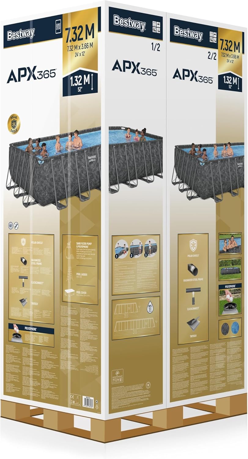 Bestway Power Steel™ APX 365 Rectangular Above Ground Pool Set 24 ft x 12 ft x 52 in (7.32m x 3.66m x 1.32m) – Year-Round Steel Frame Swimming Pool with Sand Filter Pump, Ages 18+