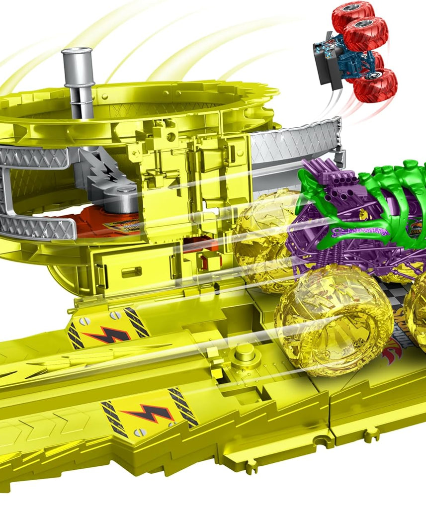 Hot Wheels Monster Trucks Charge and Chase Track Set with Oversized Skelesaurus and Bone Shaker, Power Smashers Loop Track, Includes 2 Crushed Cars, Action Racing Playset for Kids 4 Years+