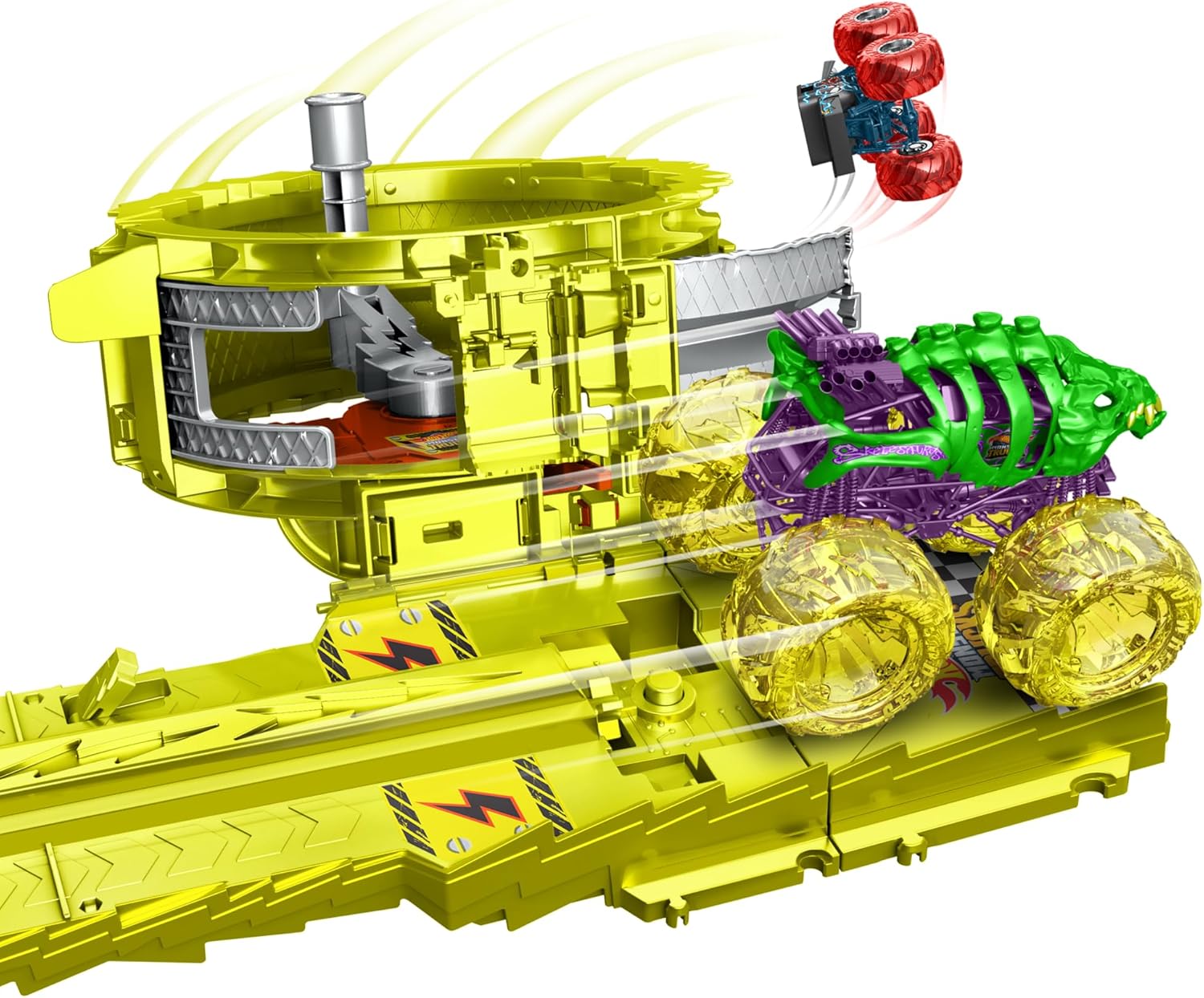 Hot Wheels Monster Trucks Charge and Chase Track Set with Oversized Skelesaurus and Bone Shaker, Power Smashers Loop Track, Includes 2 Crushed Cars, Action Racing Playset for Kids 4 Years+