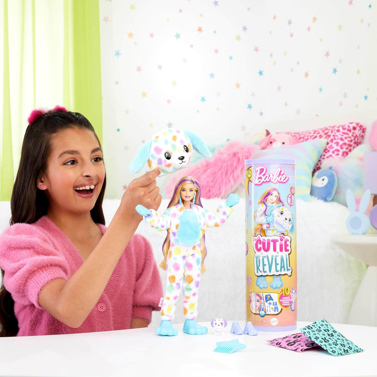 Barbie Cutie Reveal Color Dream Dalmatian Doll with Rainbow Plush & 10 Color-Changing Surprise Accessories, Ages 3+