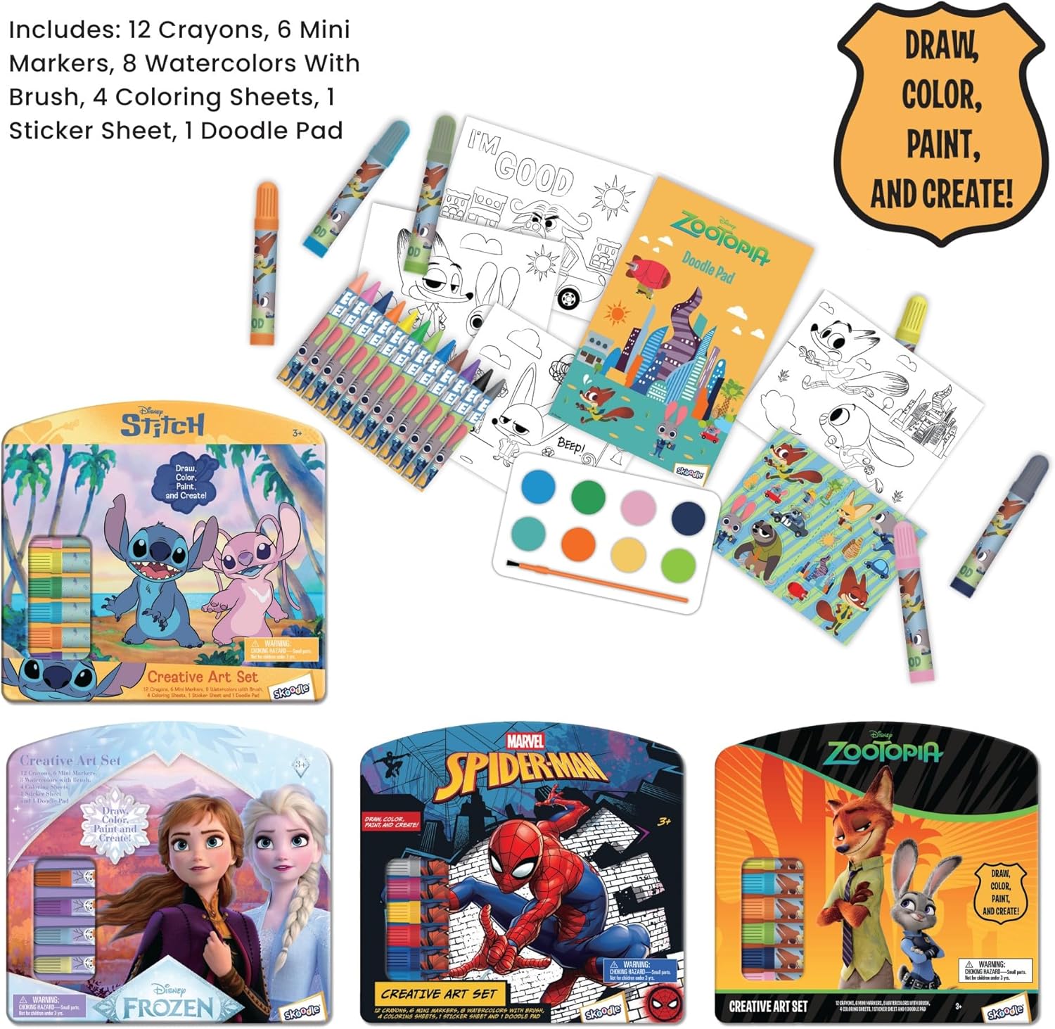 Disney Zootopia Creative Art Set for Kids - All-in-One Portable Tin Art Kit with Crayons, Markers, Watercolor Paint, Doodle Pad, and Coloring Sheets - Fun Travel Gift for Ages 3+
