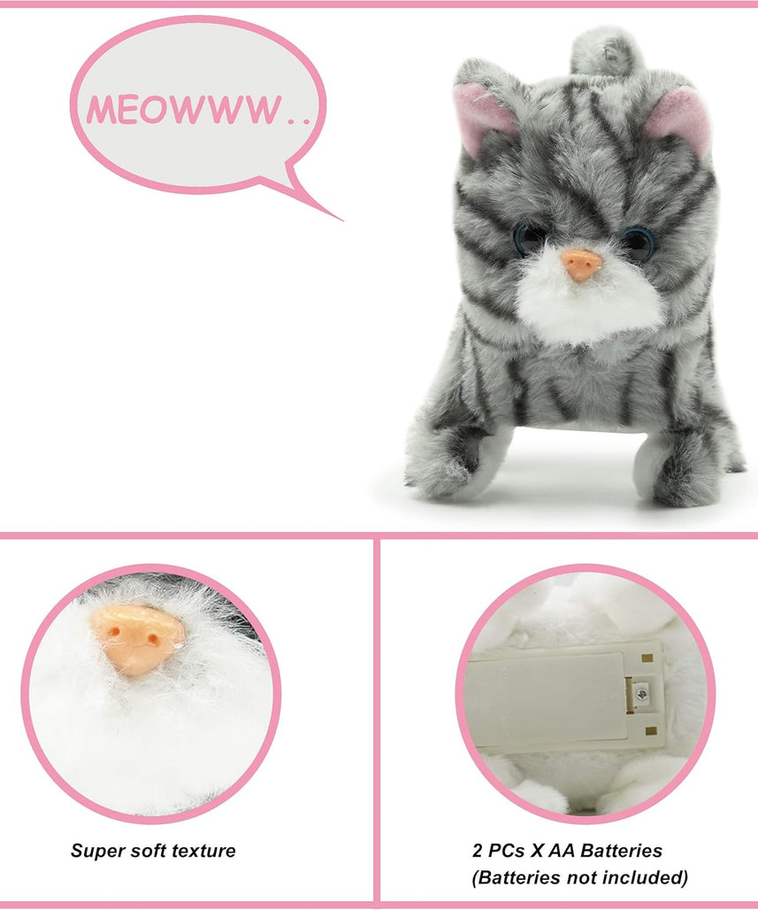 Pugs At Play Walking Zoe 6.5-Inch Interactive Plush Cat Toy with Meow Sound and Wagging Tail for Kids Ages 3 to 5