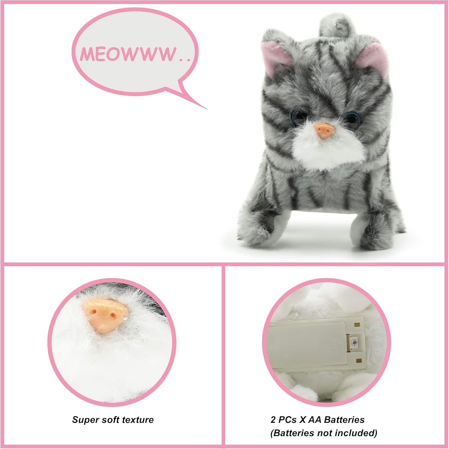 Pugs At Play Walking Zoe 6.5-Inch Interactive Plush Cat Toy with Meow Sound and Wagging Tail for Kids Ages 3 to 5