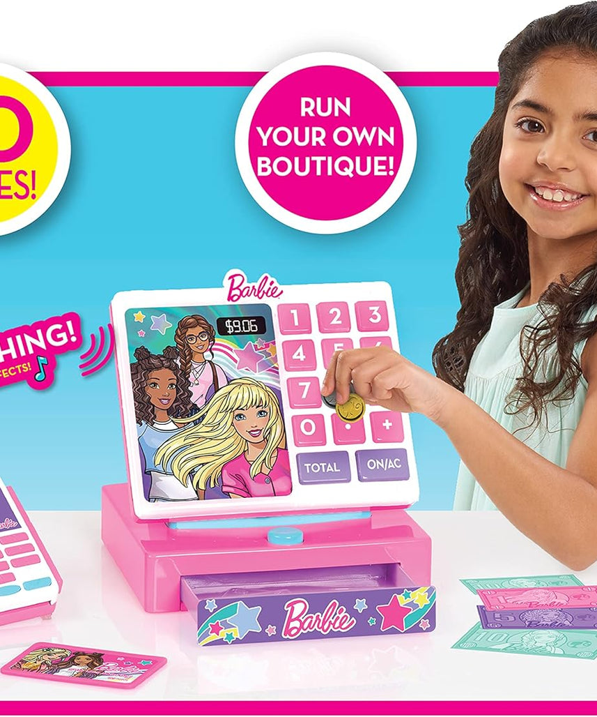 ماكينة تسجيل المدفوعات النقدية العصرية من باربي مع أصوات، وقارئ نقود وبطاقات ائتمان، ولعبة متجر لعب الأدوار للبنات، للأطفال من سن 3 سنوات فما فوق، وماكينات تسجيل المدفوعات النقدية