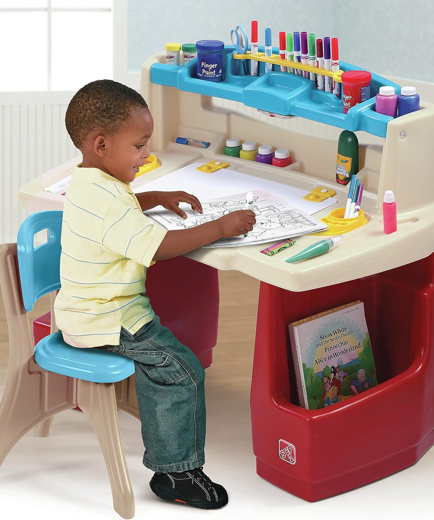 Step2 Deluxe Art Master Desk with Chair for Kids, Large Creative Art Table with Storage Compartments, Dry Erase Drawing Surface, Toddler and Preschool Art Furniture, Multi Colour, 3 Years+