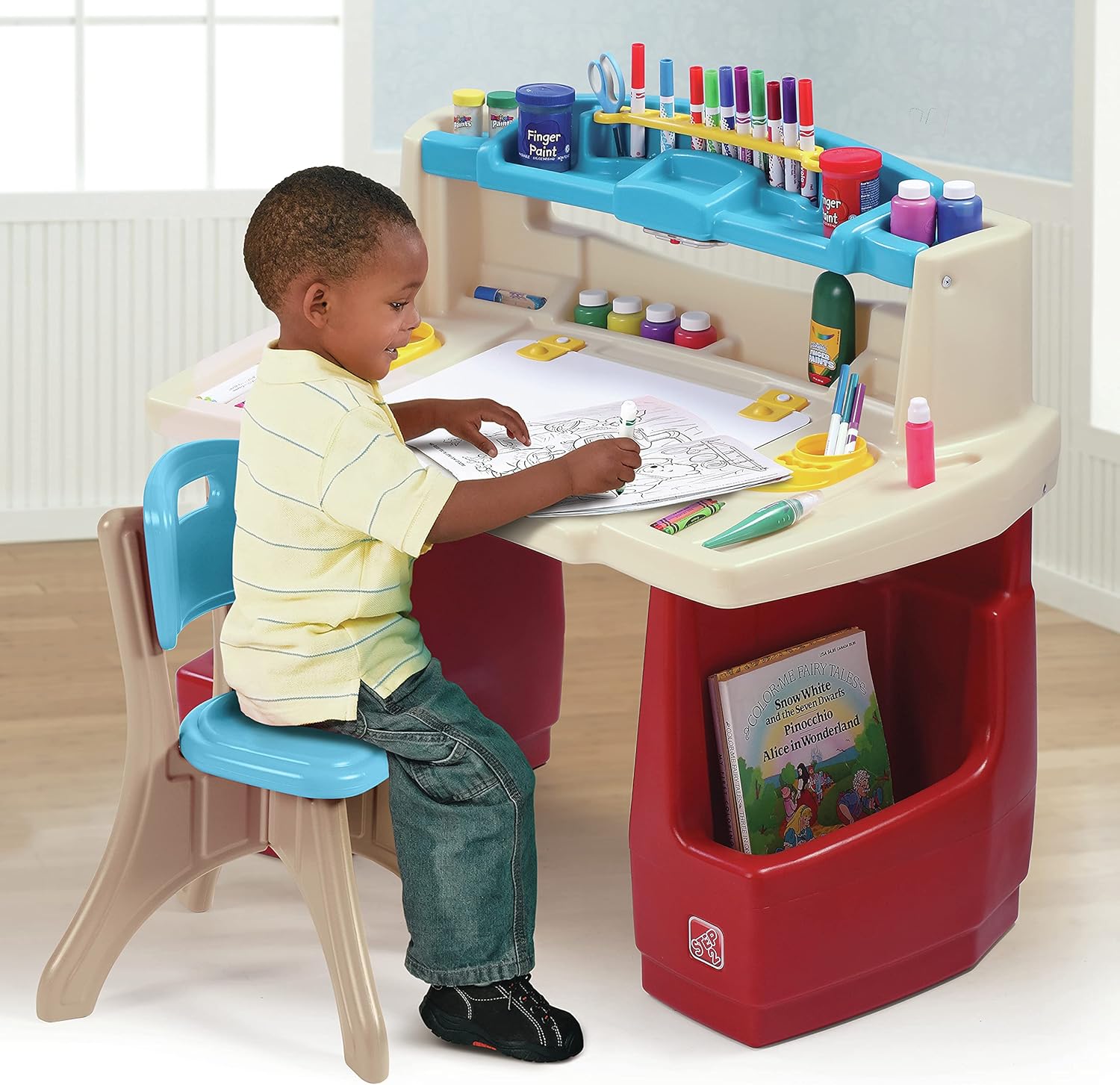 Step2 Deluxe Art Master Desk with Chair for Kids, Large Creative Art Table with Storage Compartments, Dry Erase Drawing Surface, Toddler and Preschool Art Furniture, Multi Colour, 3 Years+