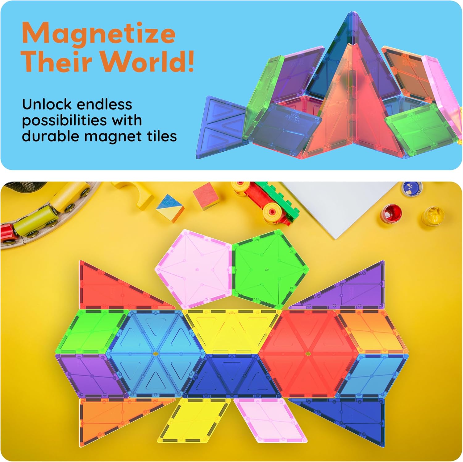 PicassoTiles 16 Piece Magnetic Building Block Set Geometry Shape Magnet Tiles Construction Toy STEM Learning Kit Educational Playset Playboard Pretend Play Stacking Blocks Child Brain Development PT16